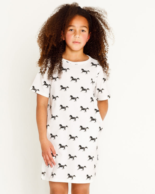 SNURK Black Horses White T-shirt Dress Kids Foto 14954